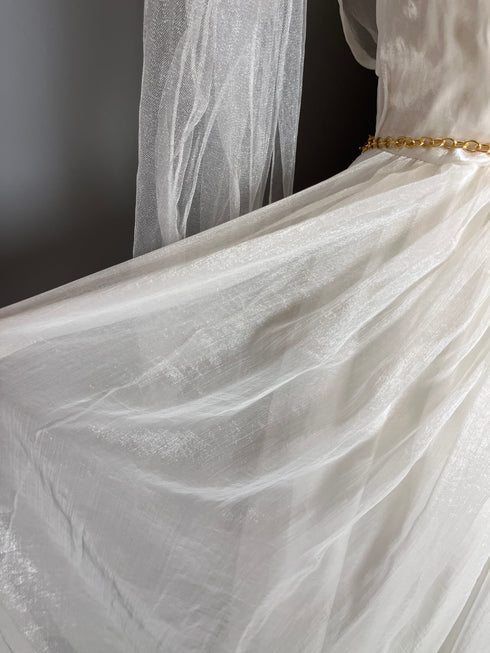 White Fantasy Tulle Dress with Draped Sleeves and Celestial Belt – Greek Goddess Dress Plus Size